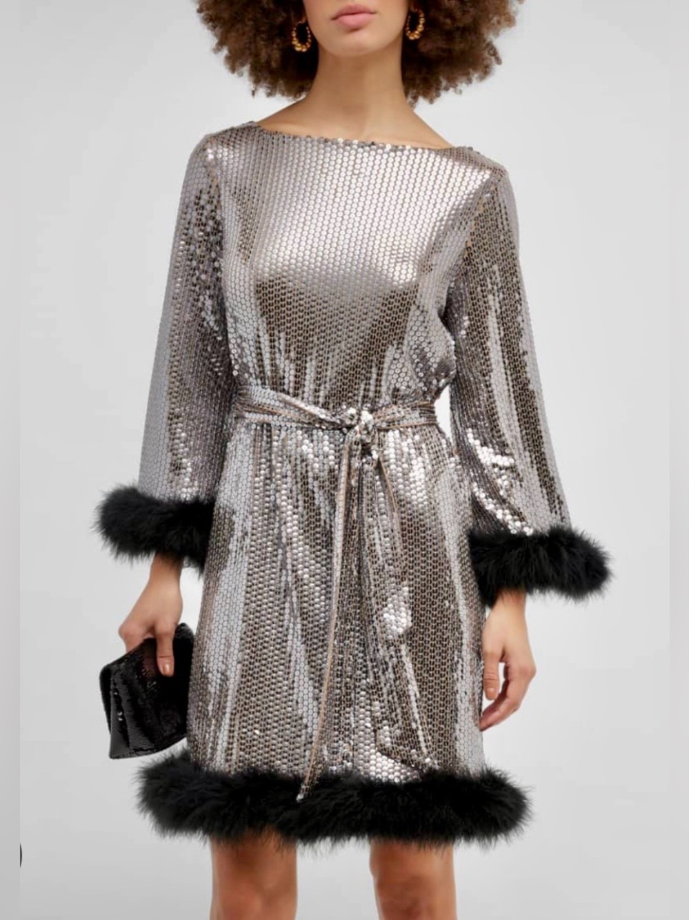 Trina Turk Silver Feather Trim Sequin Dress